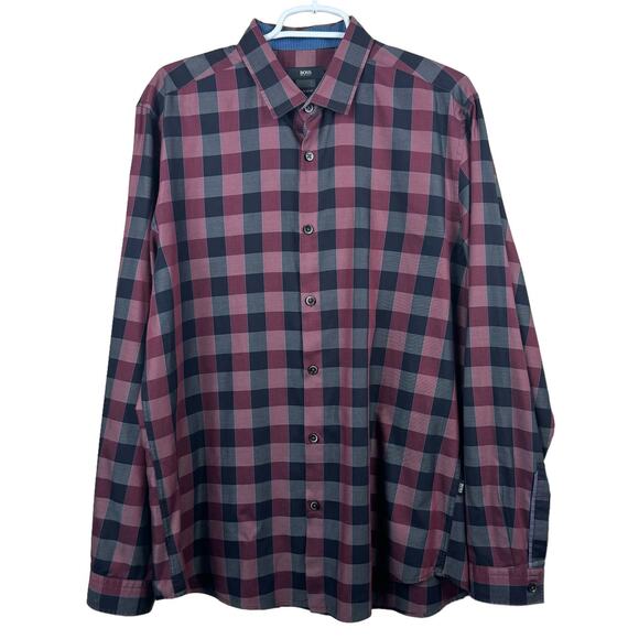 Men's BOSS Hugo Boss Red Gray Lando Checked Button Up Regular Fit Cotton Shirt L - Picture 1 of 11